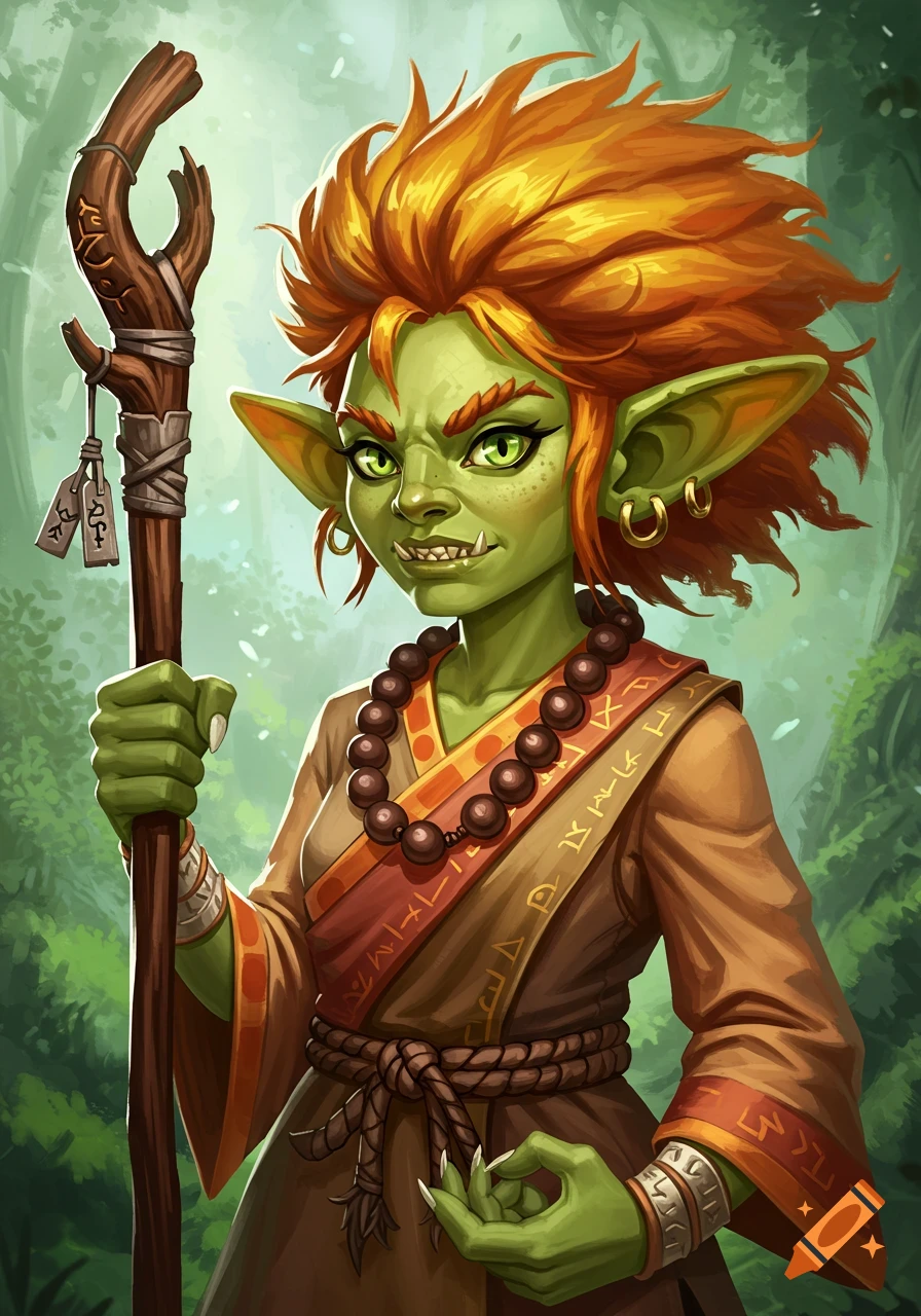 Digital painting of a female goblin monk in a forest, holding a staff.