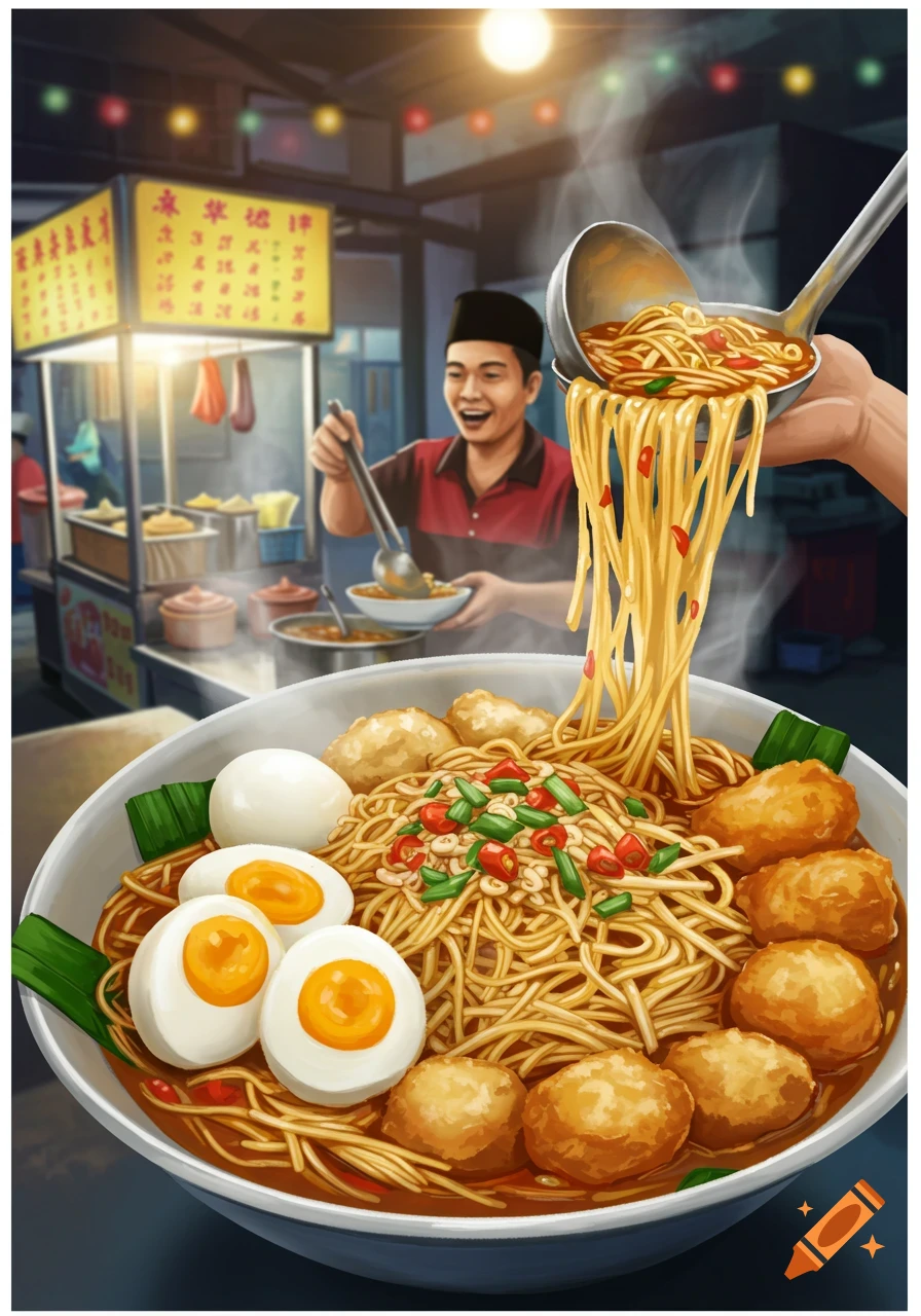 Illustration of a person serving a large bowl of noodles, eggs, and fish balls at a street food stall.