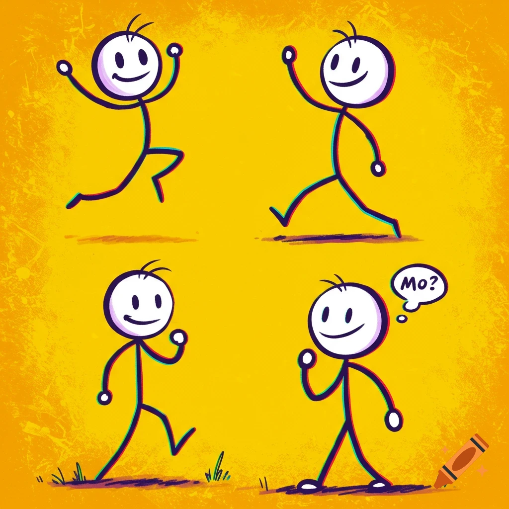 Four cartoon stick figures on a yellow background, one with a speech bubble reading 'Mo?'