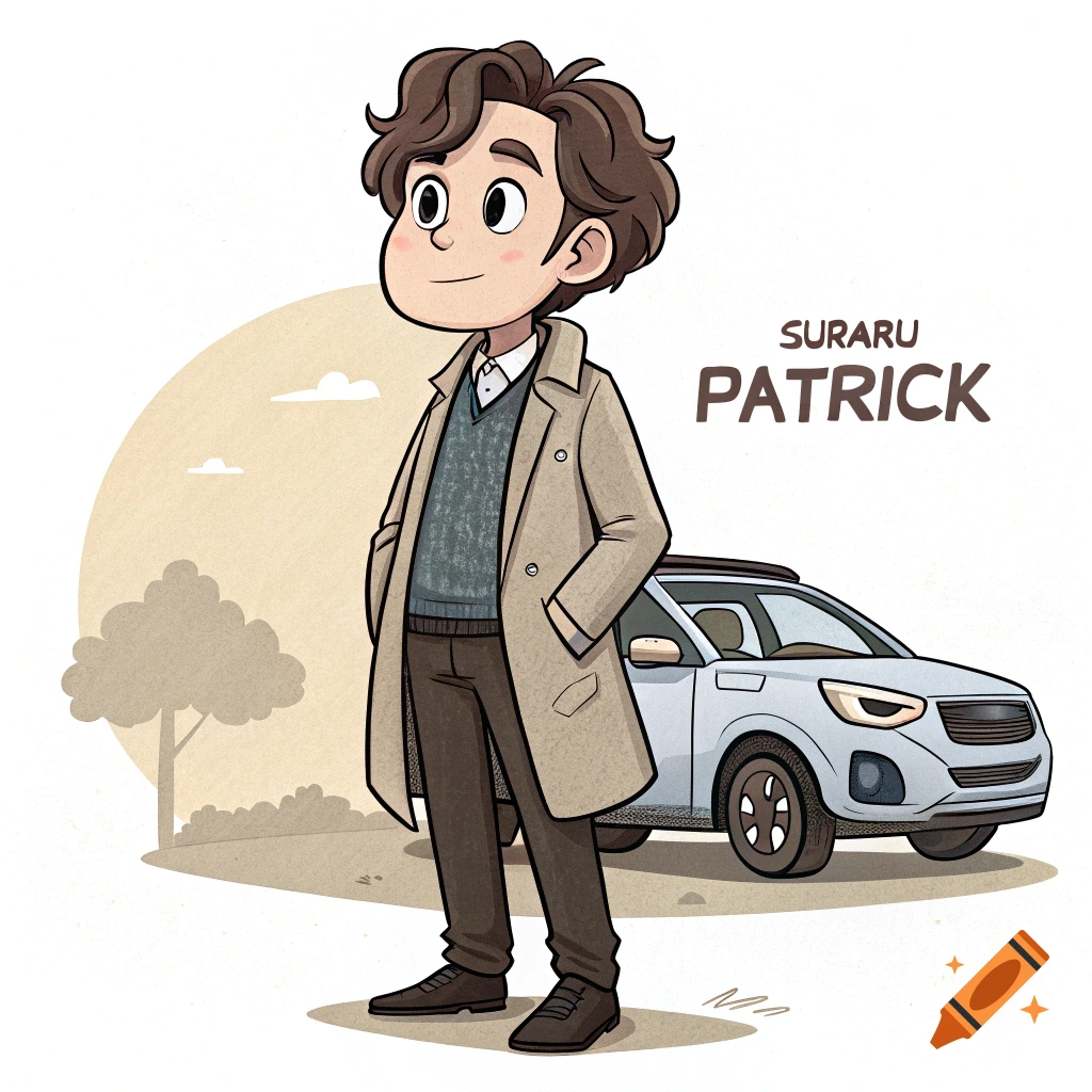 A cartoon illustration of a man in a coat stands beside a white SUV, with text "SURARU PATRICK".