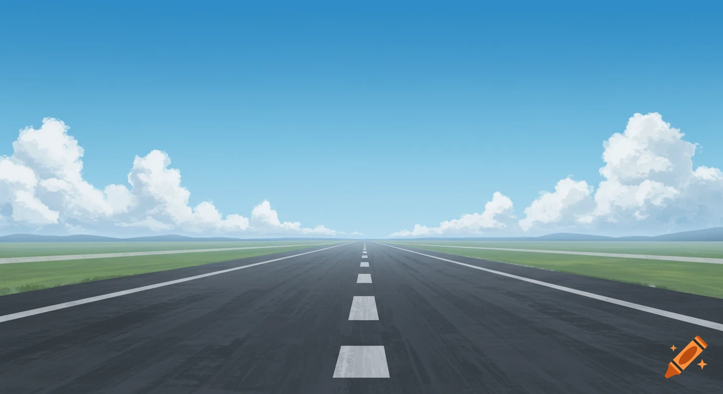 A long, straight runway under a blue sky with puffy white clouds.