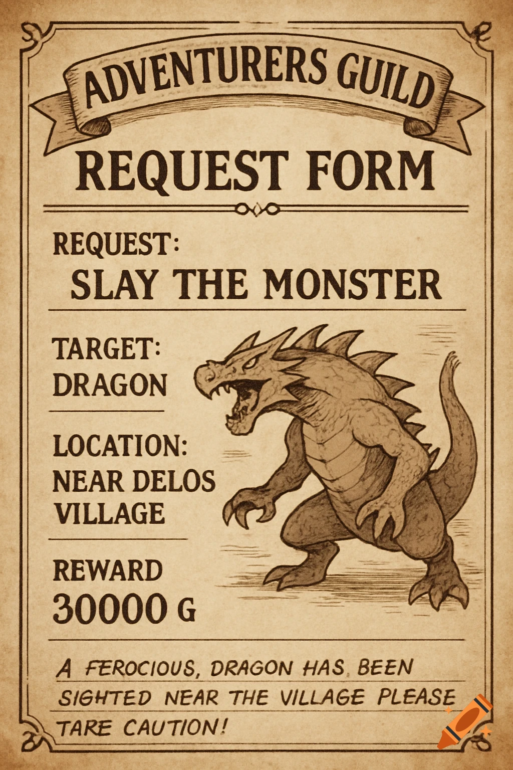 An old fantasy poster for an Adventurers Guild request form, featuring text and an illustration of a dragon.