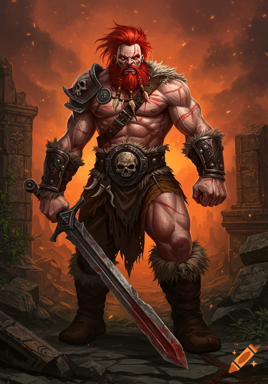 Muscular fantasy barbarian with red hair and beard holds a bloody sword in ruins under an orange sky.