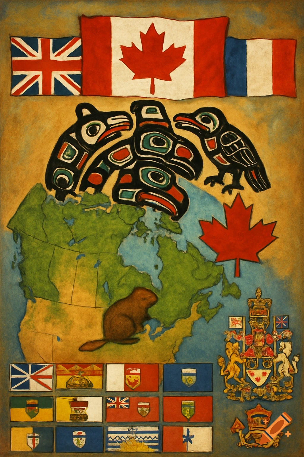 A painting featuring Canadian, UK, and French flags, Indigenous symbols, a map of Canada, a beaver, provincial flags, and crests.