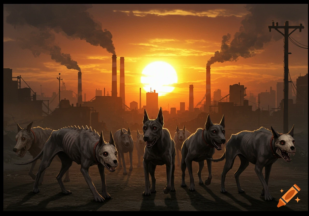 Skeletal dogs walk in a polluted industrial city at sunset.
