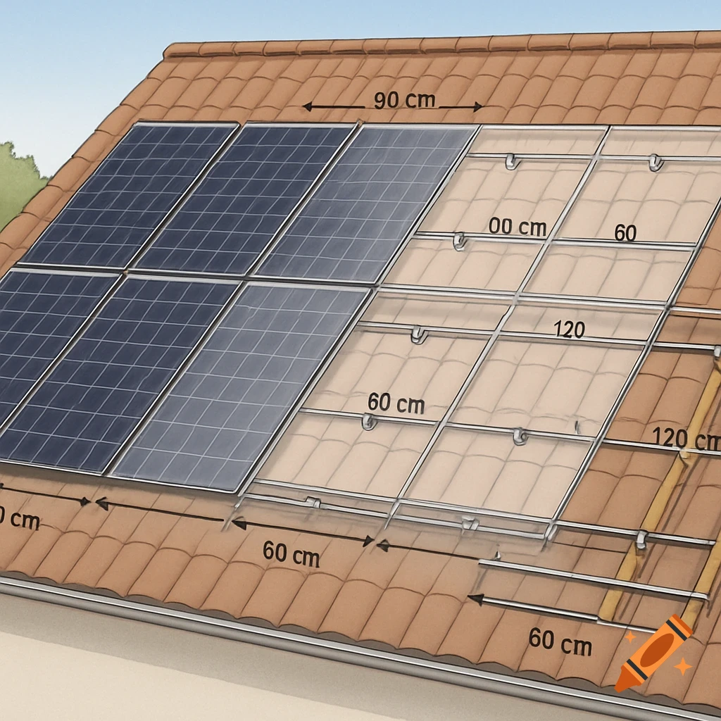 Illustration of solar panels being installed on a roof with dimension labels.
