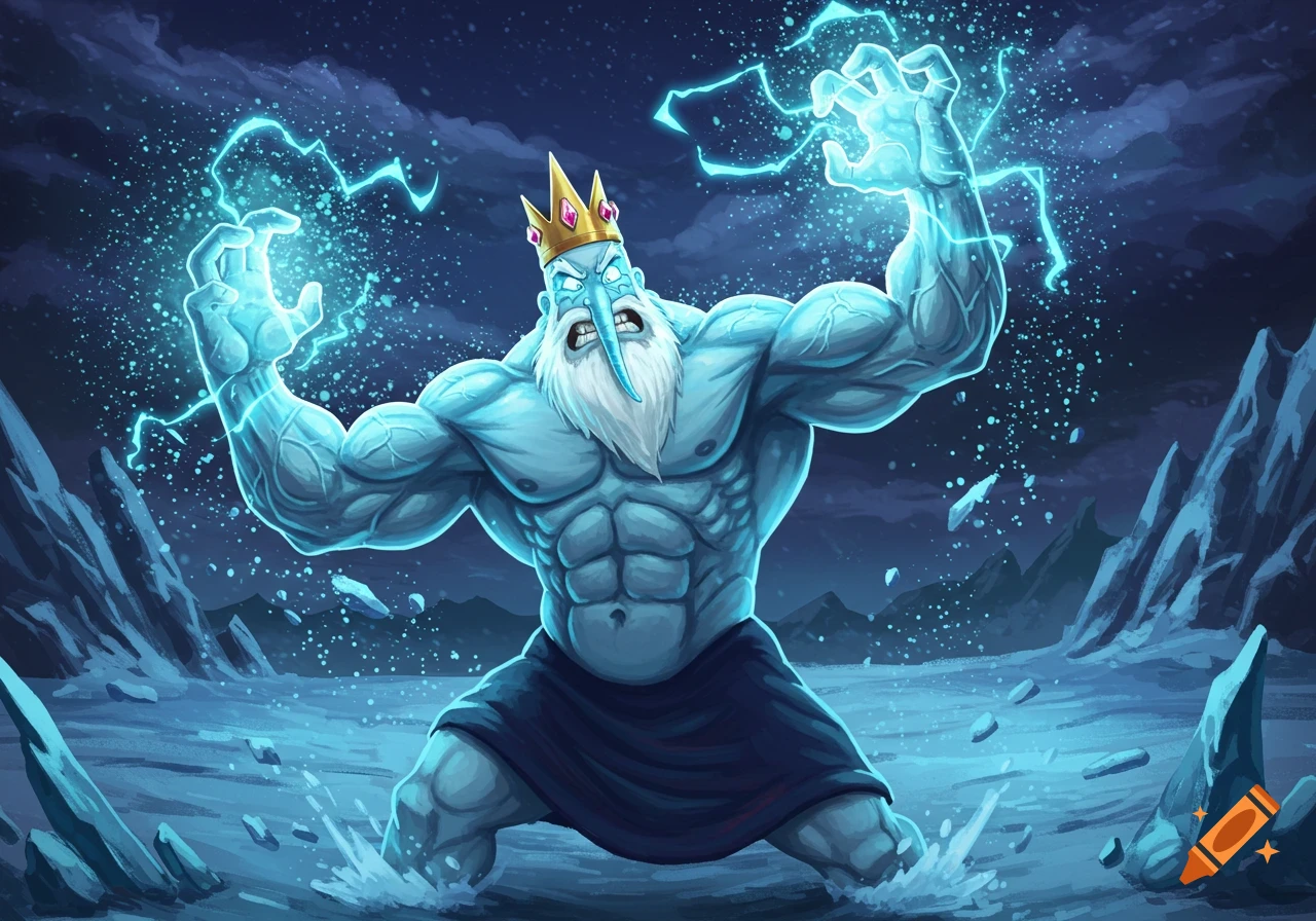 Buff Ice King casting ice magic in a snowy landscape, illustration