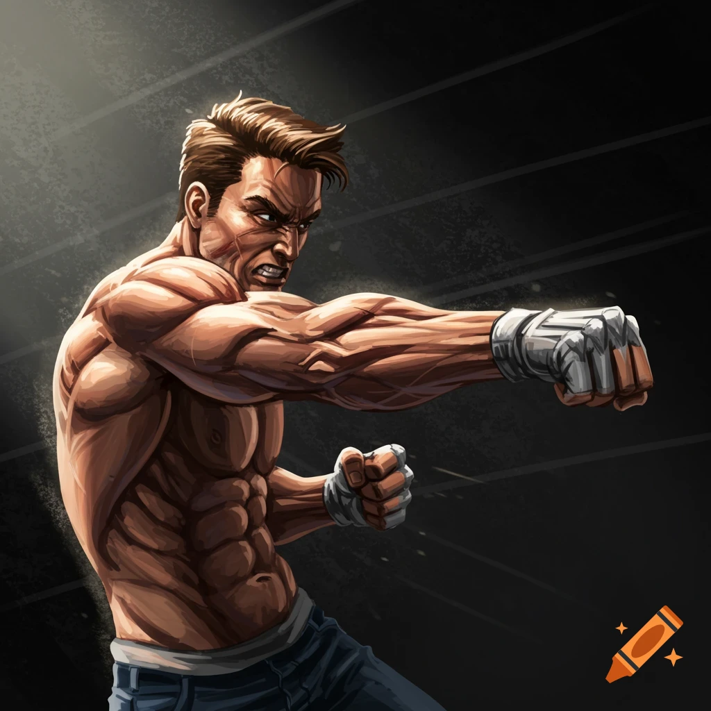 Muscular man punching in an illustration style