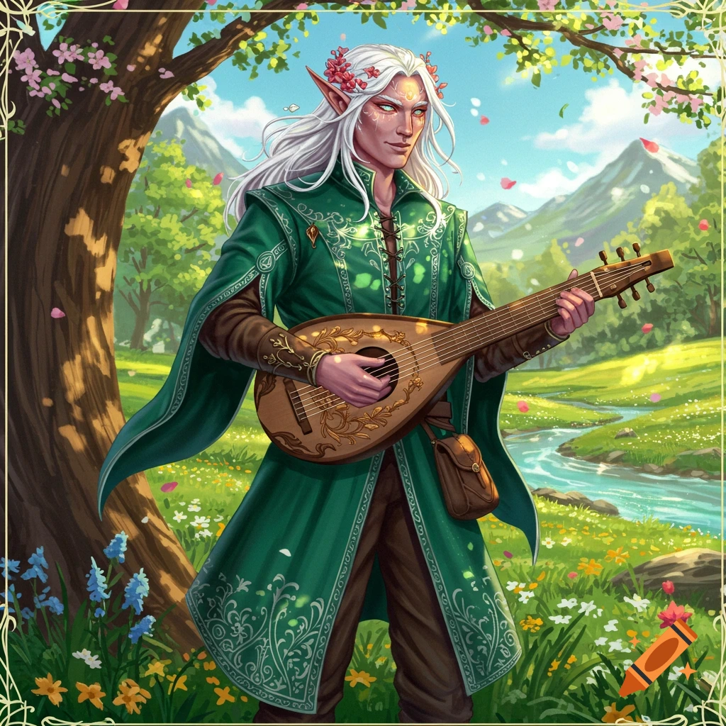 A male elf bard with white hair plays a lute in a spring meadow.
