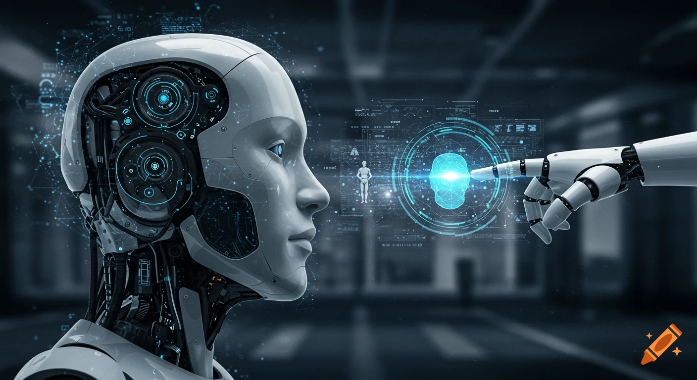 Close-up of a robotic head and hand interacting with a holographic interface showing data and a glowing head.