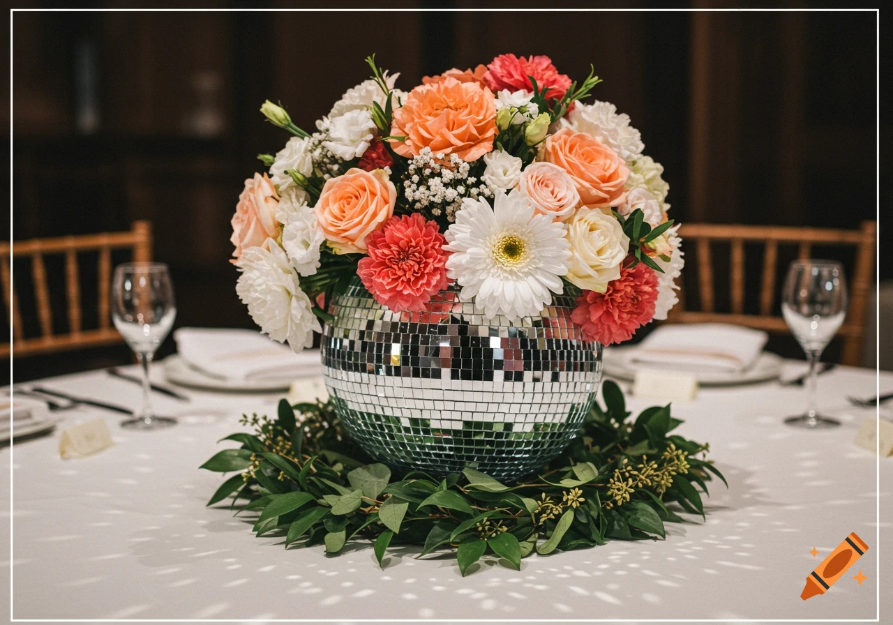 Flower arrangement in a disco ball vase on a table at a wedding.