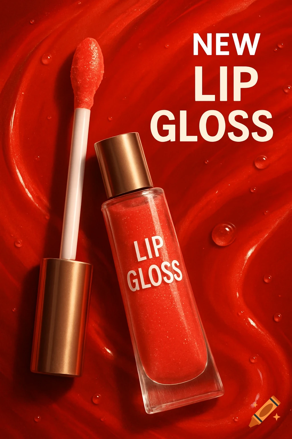 Close-up still life photo of a bottle and applicator of red lip gloss on a red background.