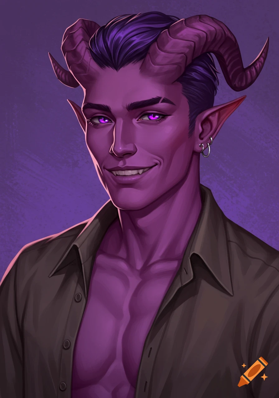Digital art portrait of a purple-skinned tiefling man with horns ...