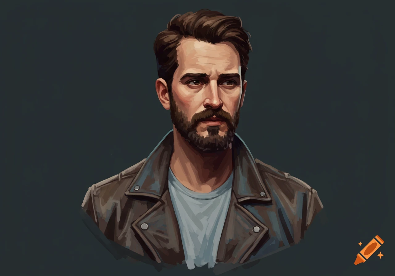 Stylized illustration of a man with a beard and brown hair wearing a brown leather jacket.