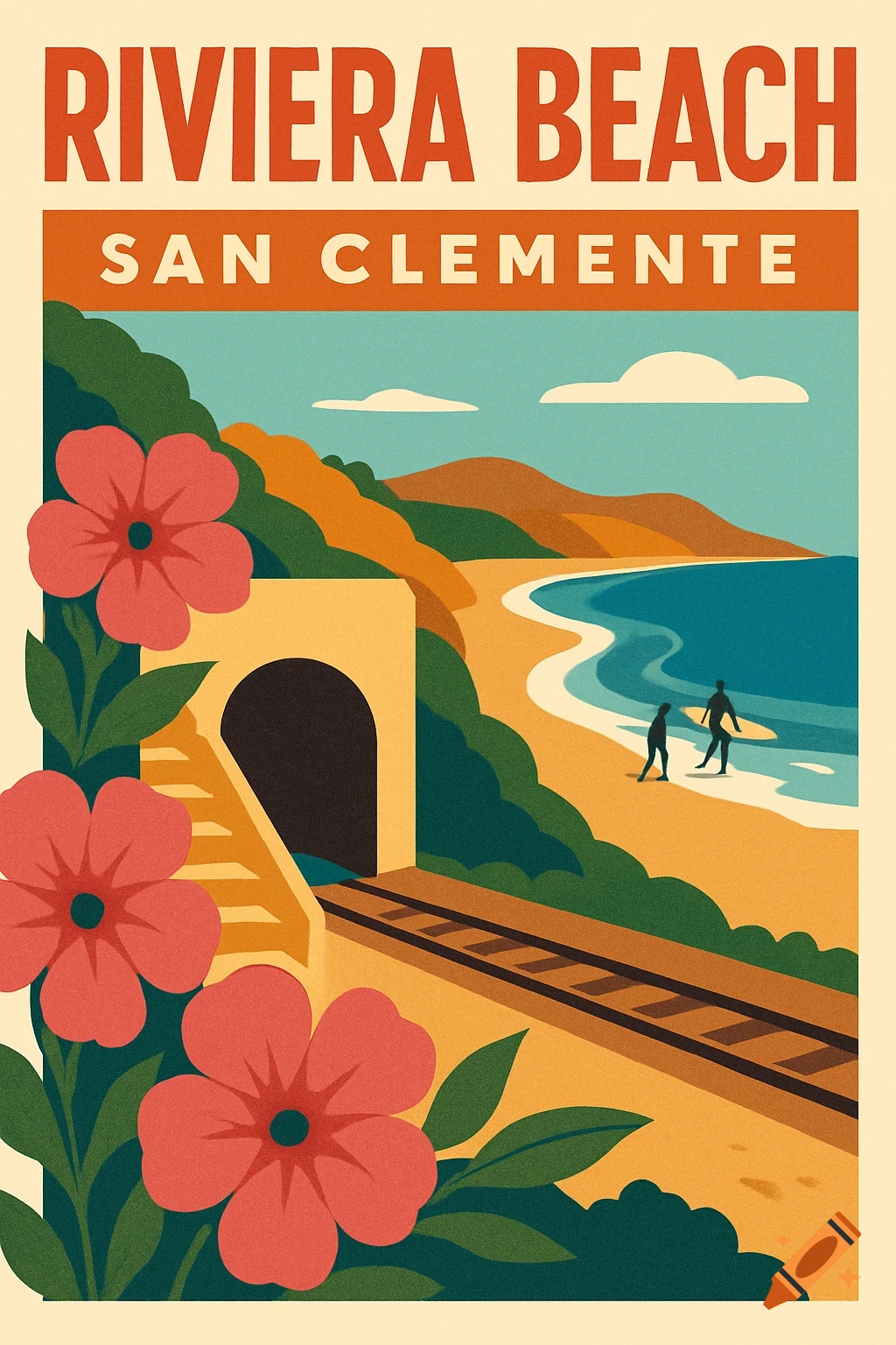 Retro travel poster illustration of Riviera Beach, San Clemente with beach, train tracks, tunnel, and flowers.