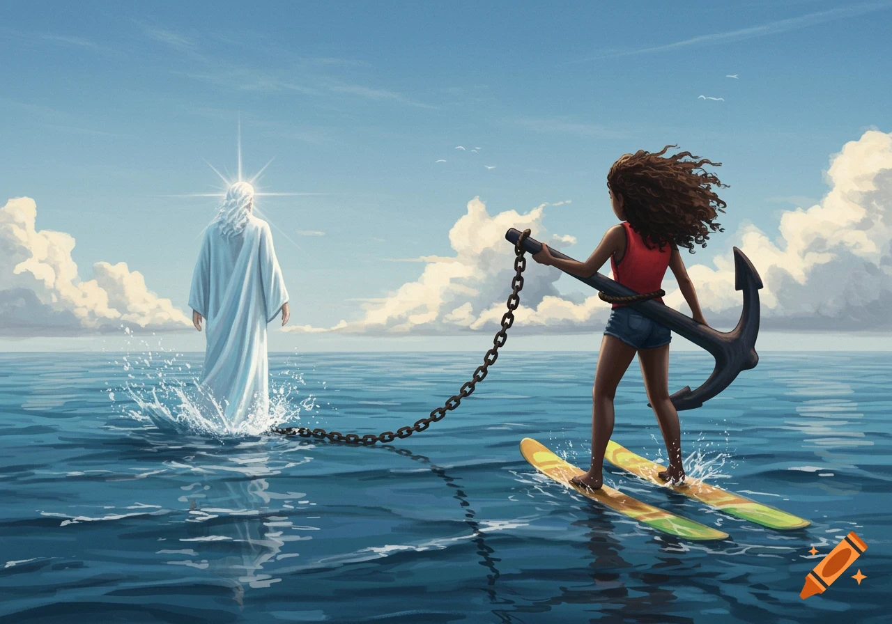 Illustration of a girl waterskiing and holding an anchor connected to a figure in white walking on water.
