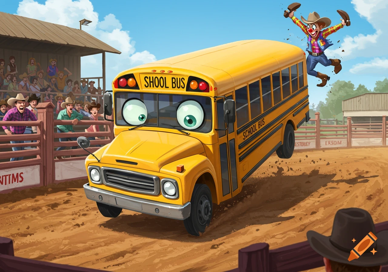Cartoon school bus as a bucking bronco in a rodeo with a clown jumping off