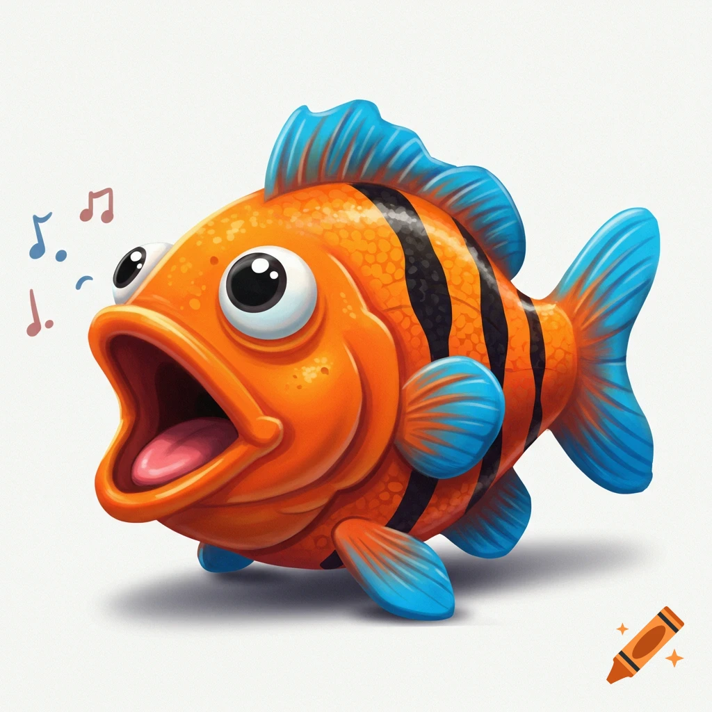 Cartoon orange and black striped fish singing with music notes