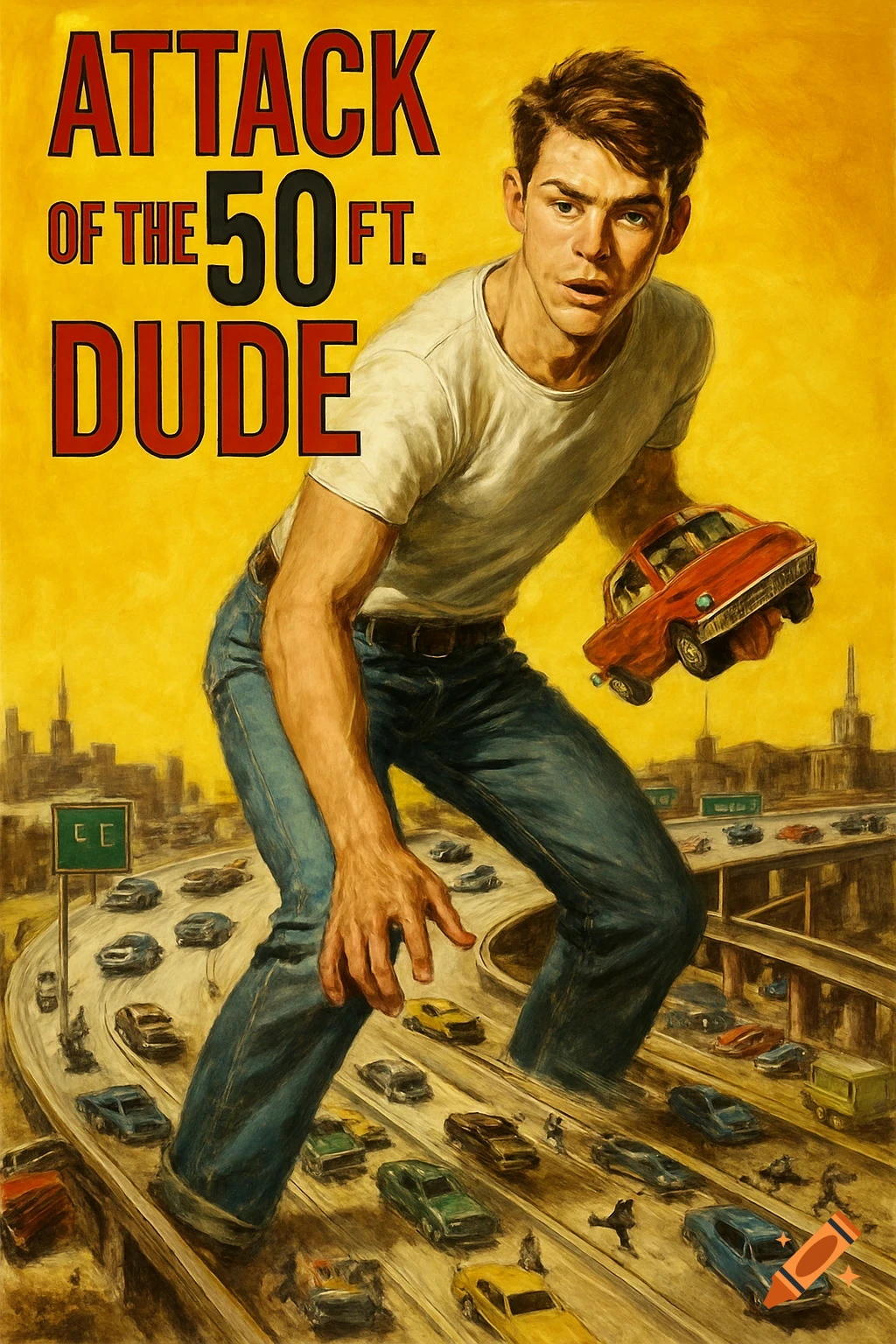 Retro sci-fi movie poster of a giant man walking on a freeway, holding a car, with the title "ATTACK OF THE 50 FT. DUDE".