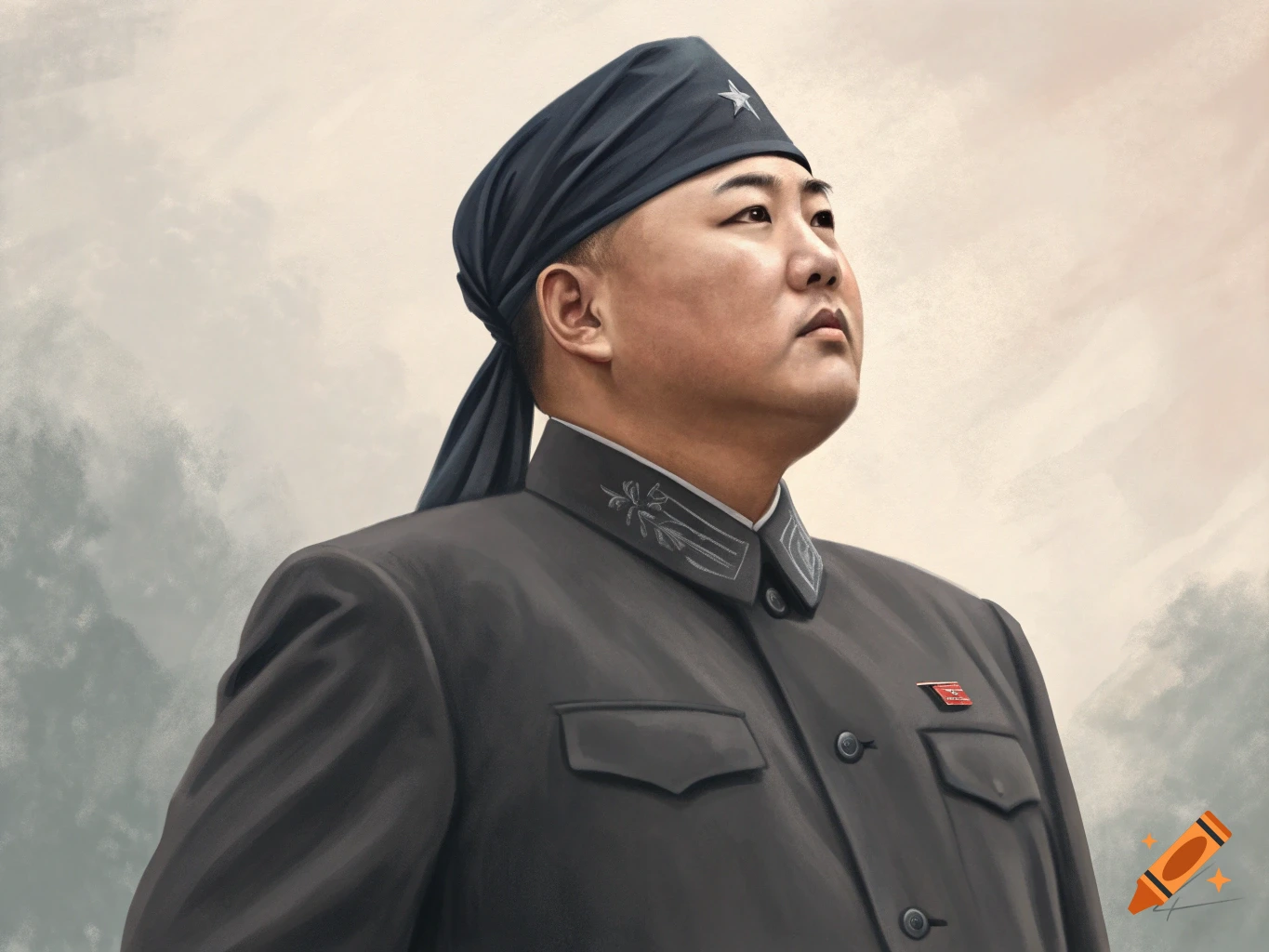 Portrait of Kim Jong Un wearing a durag and military uniform in a painterly style.