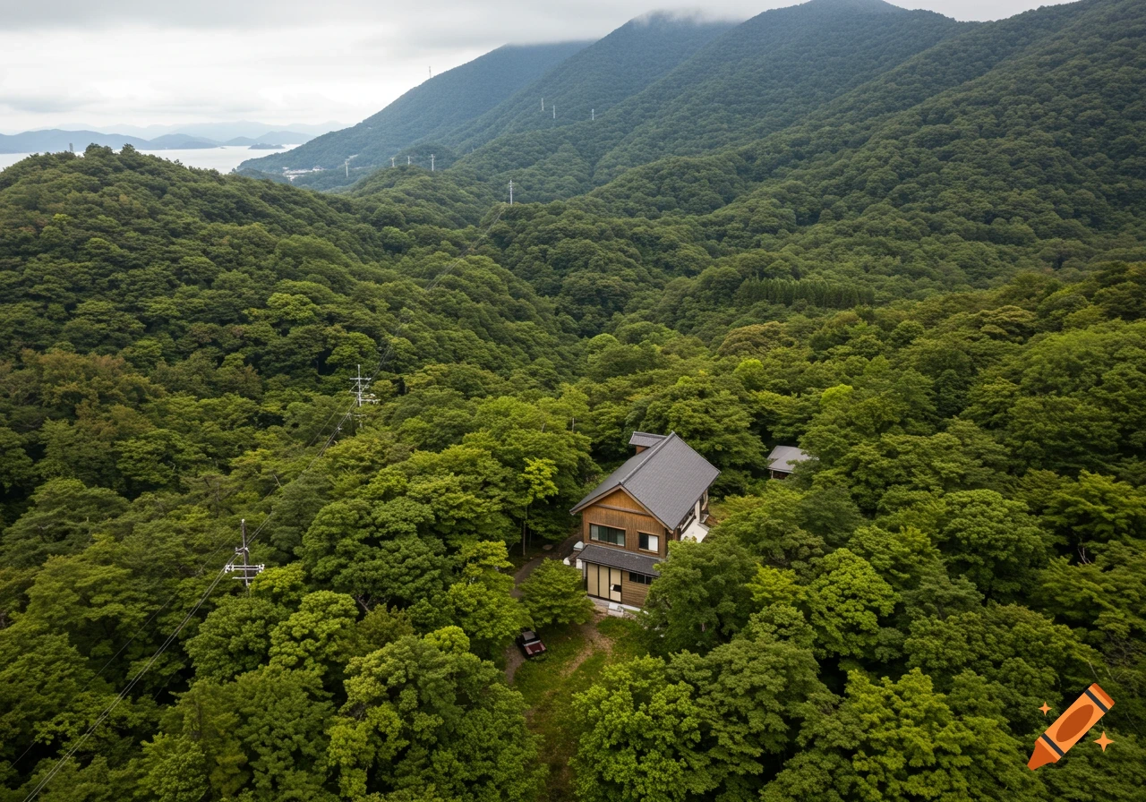 Aerial view of a house nestled in a lush green forest, mountains and ...