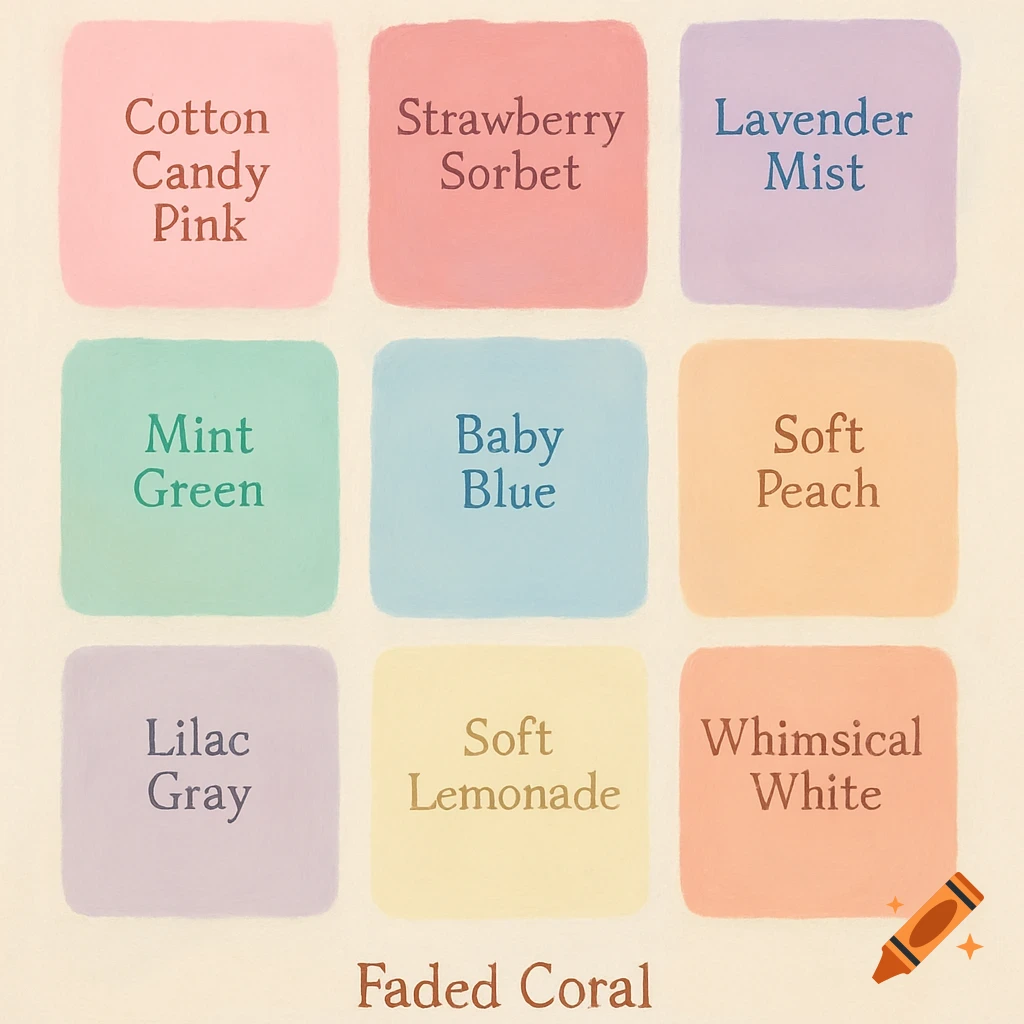 A grid of pastel color squares with names like Cotton Candy Pink, Strawberry Sorbet, and Mint Green, and Faded Coral below.