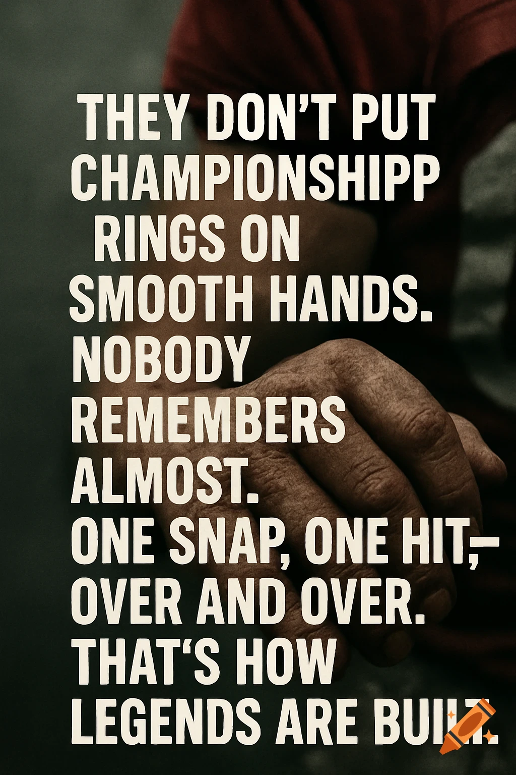 Close-up of a hand with a motivational quote about hard work and championship rings.