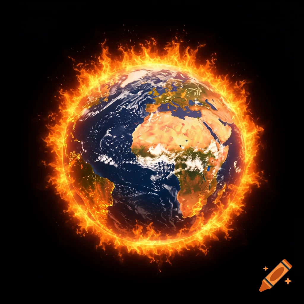 An Earth globe is engulfed in bright orange flames on a black background.