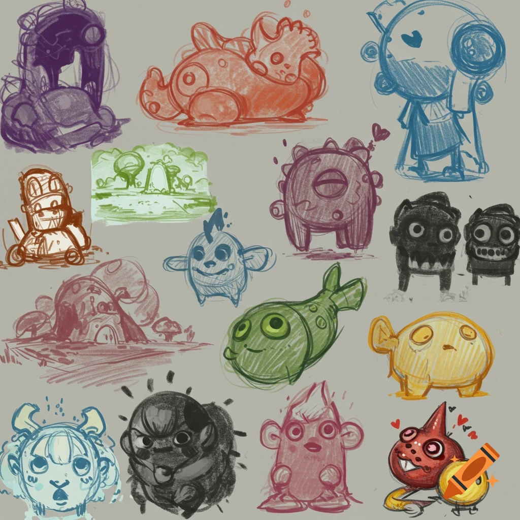 A collection of colorful sketches of various stylized creatures and monsters.