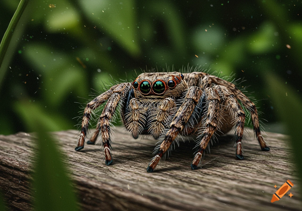 Close-up of a jumping spider on wood with a green background, photorealistic