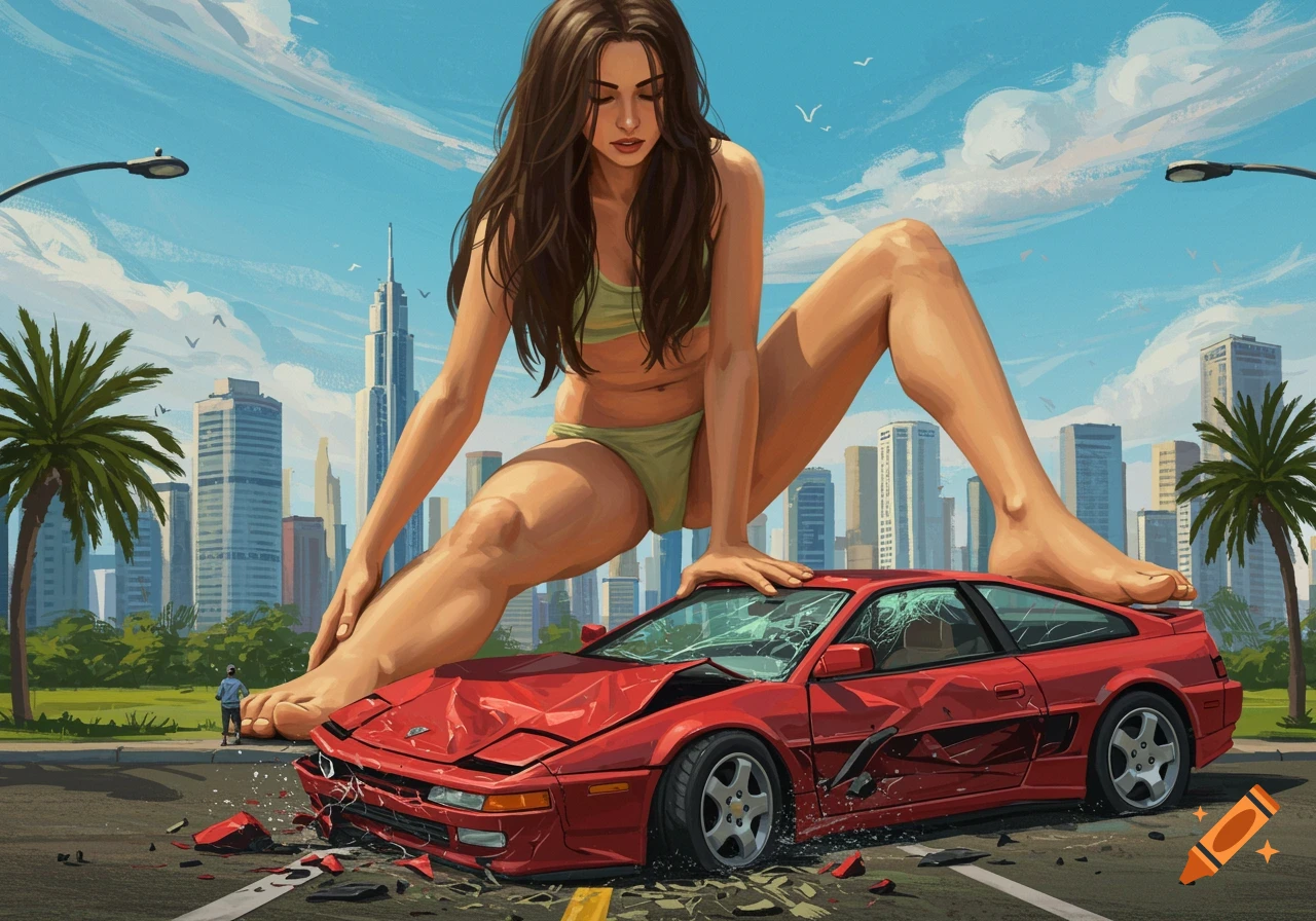 Giant woman in a bikini steps on a crushed red sports car in a city street, illustration style.