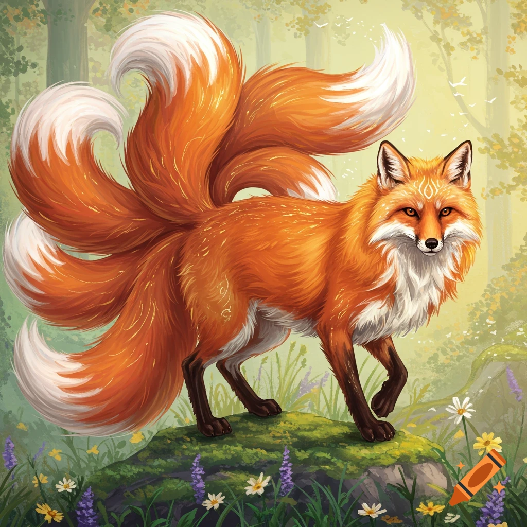 A nine-tailed fox, a kitsune, stands on a mossy rock in a sunlit forest.