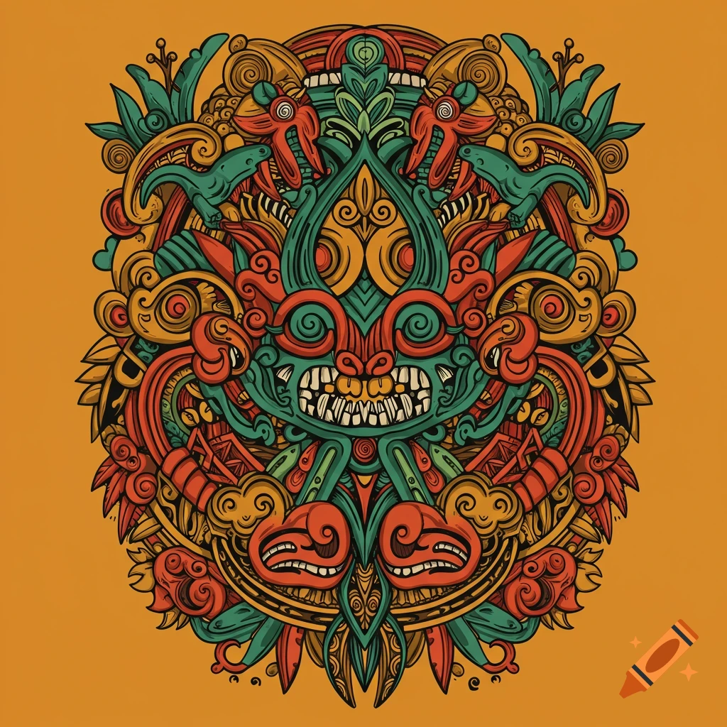 Intricate symmetrical tribal art design with mask face and motifs on orange background.