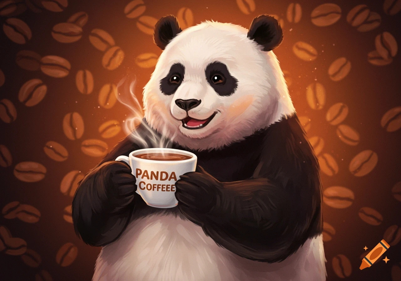 Digital painting of a smiling panda holding a steaming cup of coffee with coffee beans in the background.