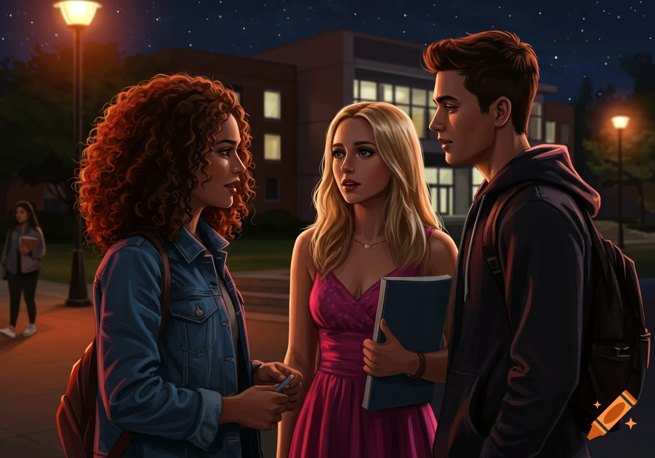 Three college students talking on campus at night, illustration style.