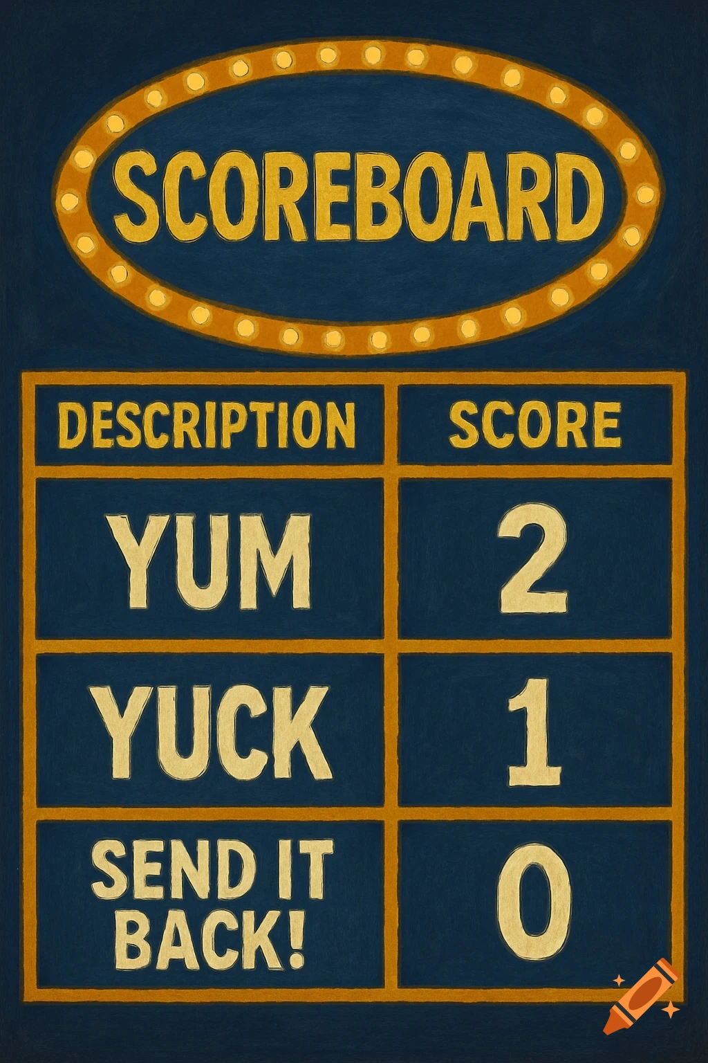 A scoreboard showing scores for Yum, Yuck, and Send It Back.