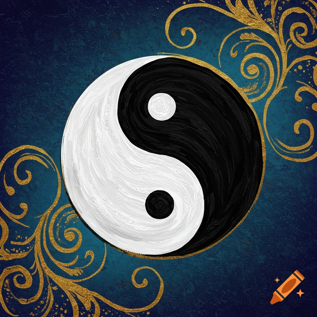 A textured Yin Yang symbol with gold swirls on a blue background.