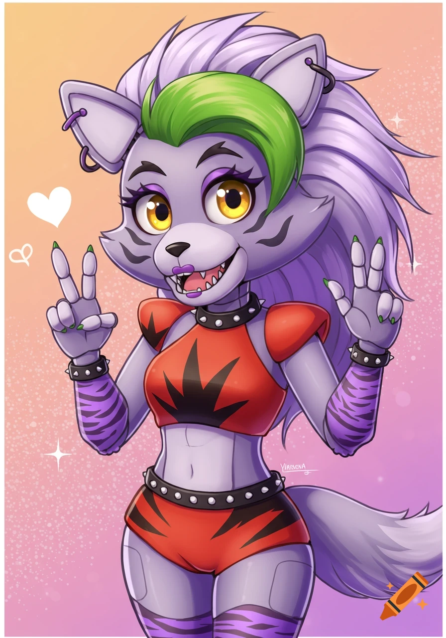 Anime style drawing of Roxanne Wolf from Five Nights at Freddy's giving peace signs