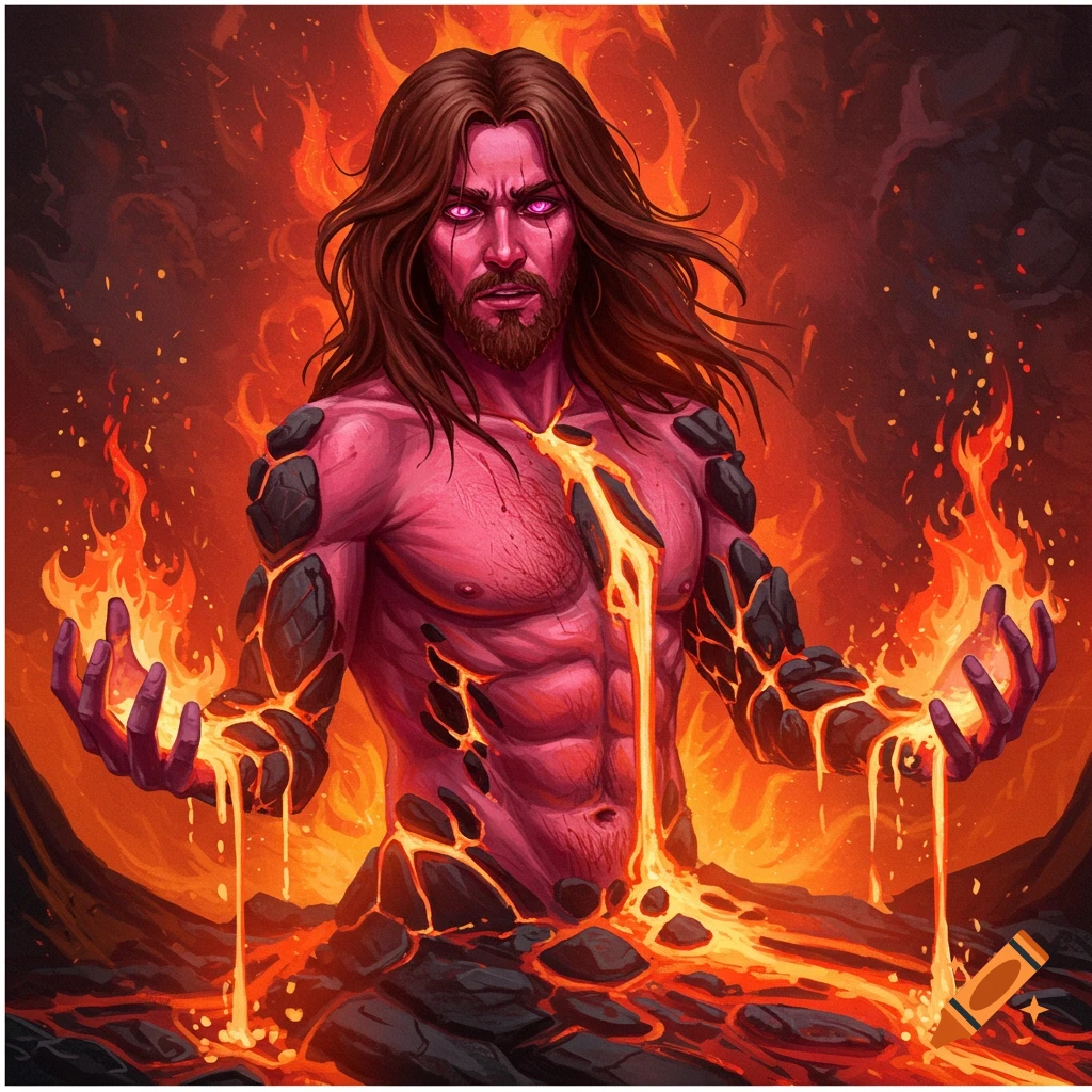 Stylized portrait of a man with pink skin, brown hair, and pink eyes emerging from lava and generating fire.