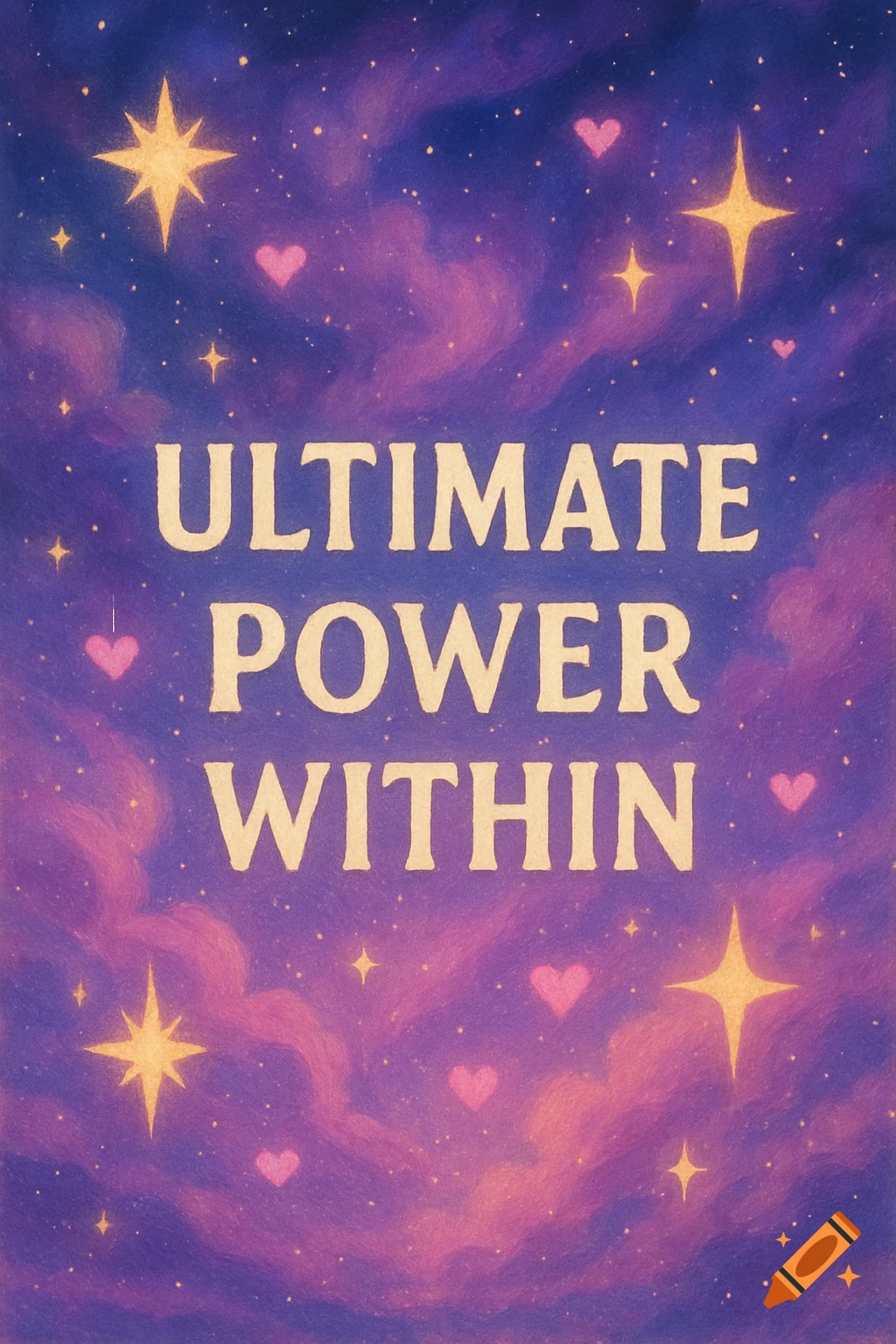 Dreamy starry night sky with pink and purple clouds, golden stars, pink hearts, and the text 'ULTIMATE POWER WITHIN'.