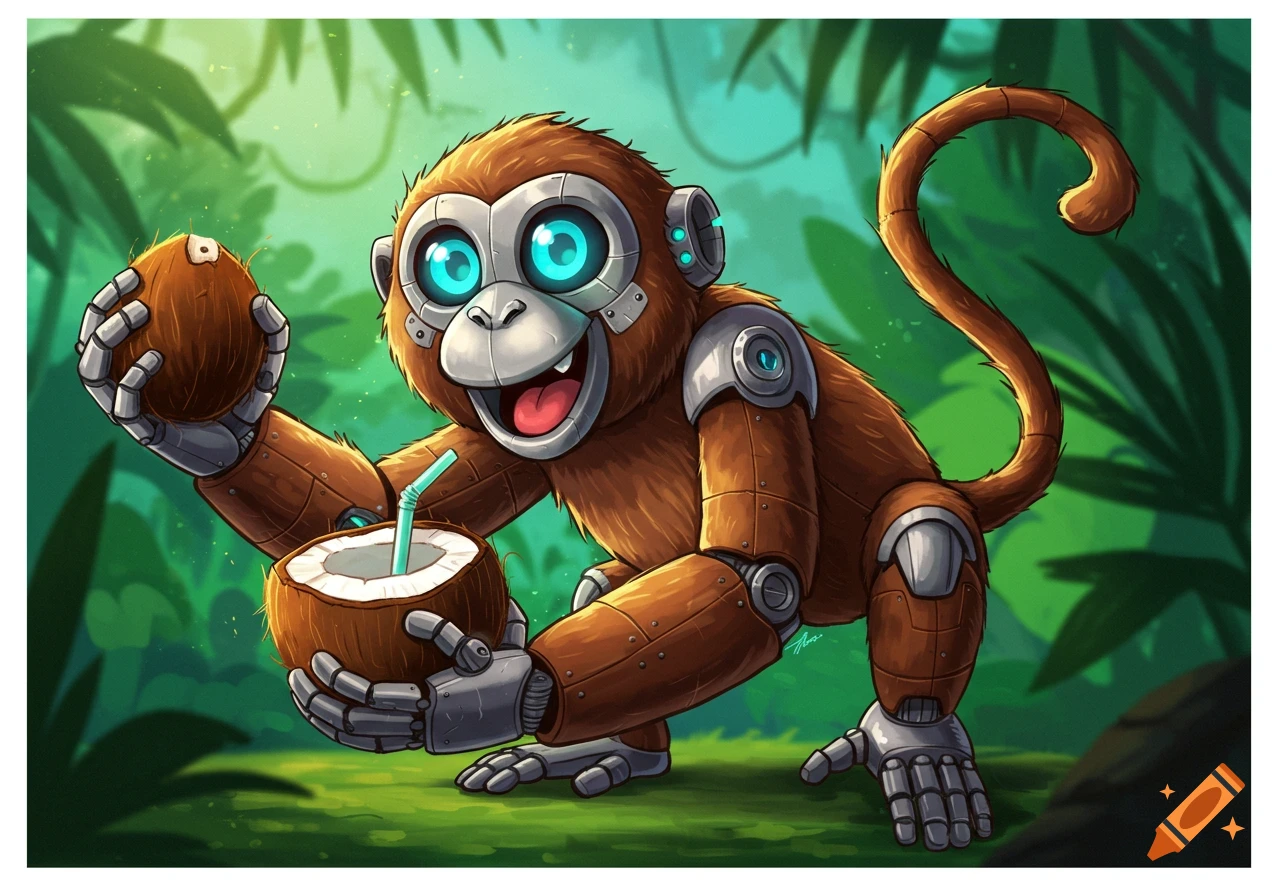 Cartoon robot monkey drinks from a coconut in a jungle.