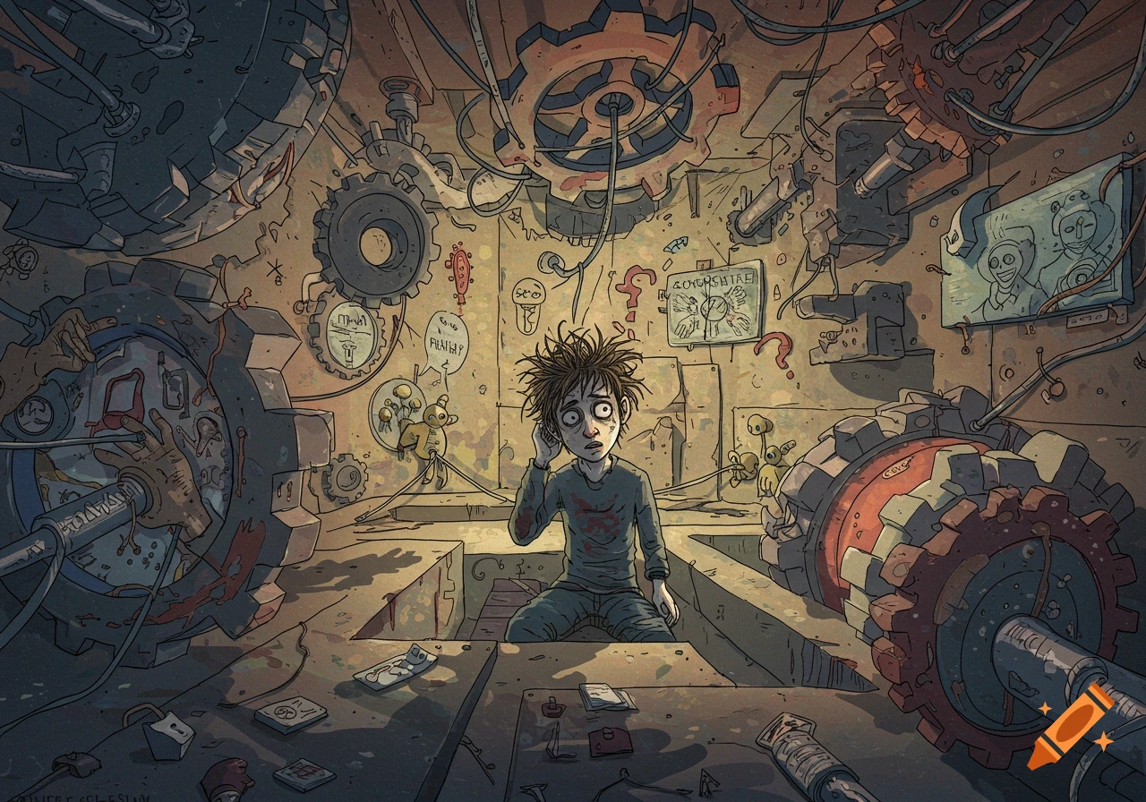 Distressed person sits in a pit surrounded by gears, wires, symbols, and garbled text in a dark, surreal illustration.