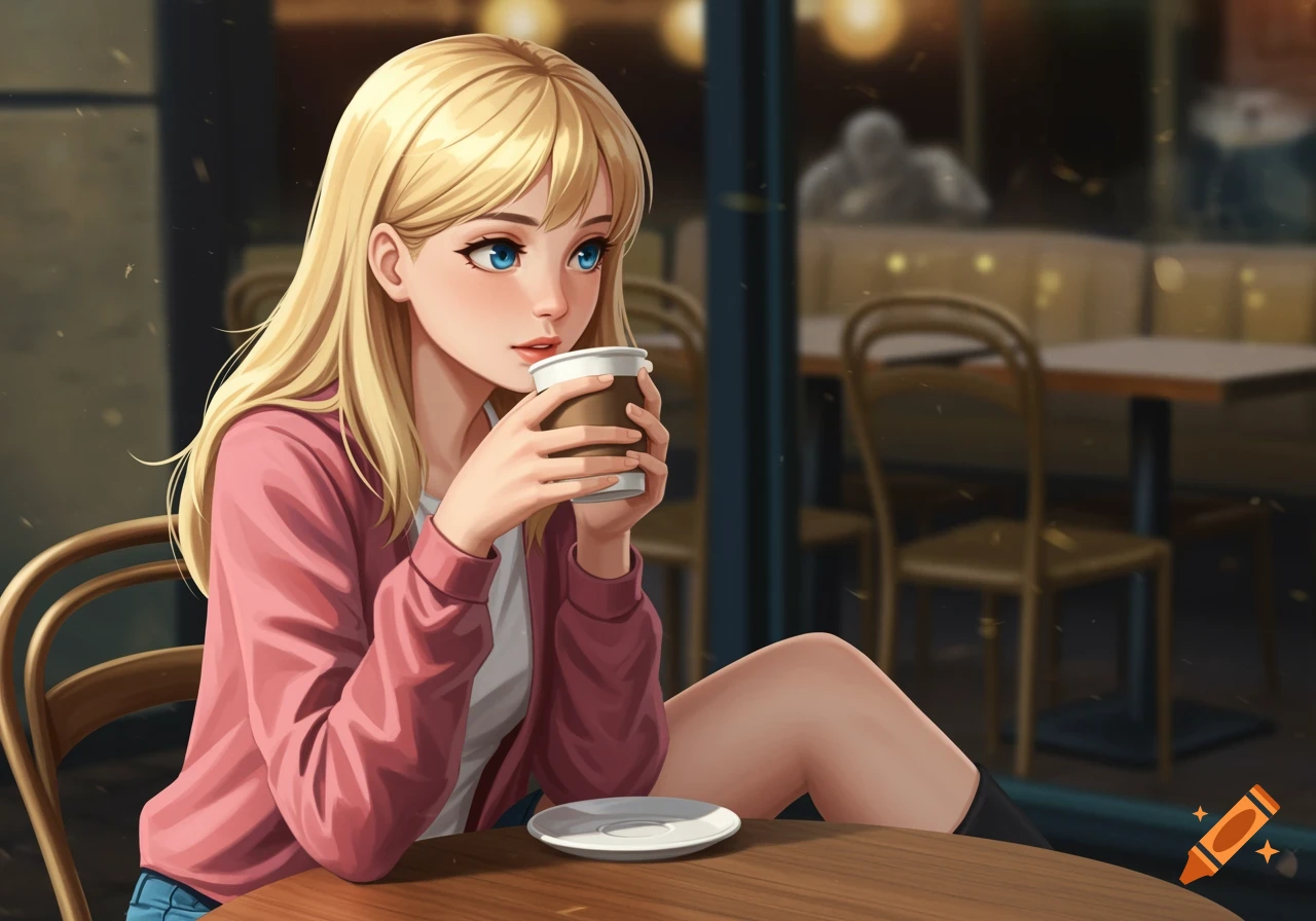 A young blonde anime girl sits at a cafe table holding a coffee cup.