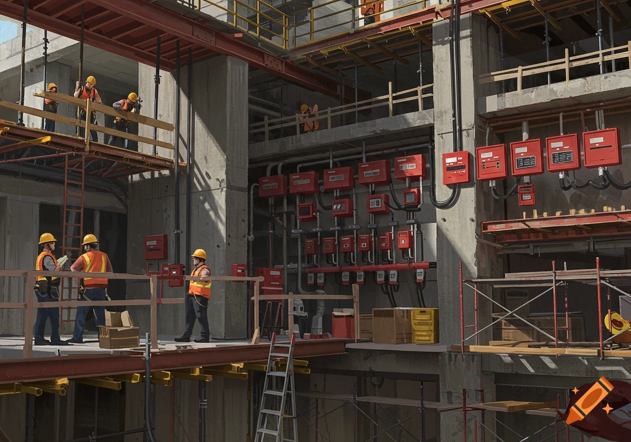 Workers in hard hats and safety vests on a construction site with many red fire alarm panels on a wall.