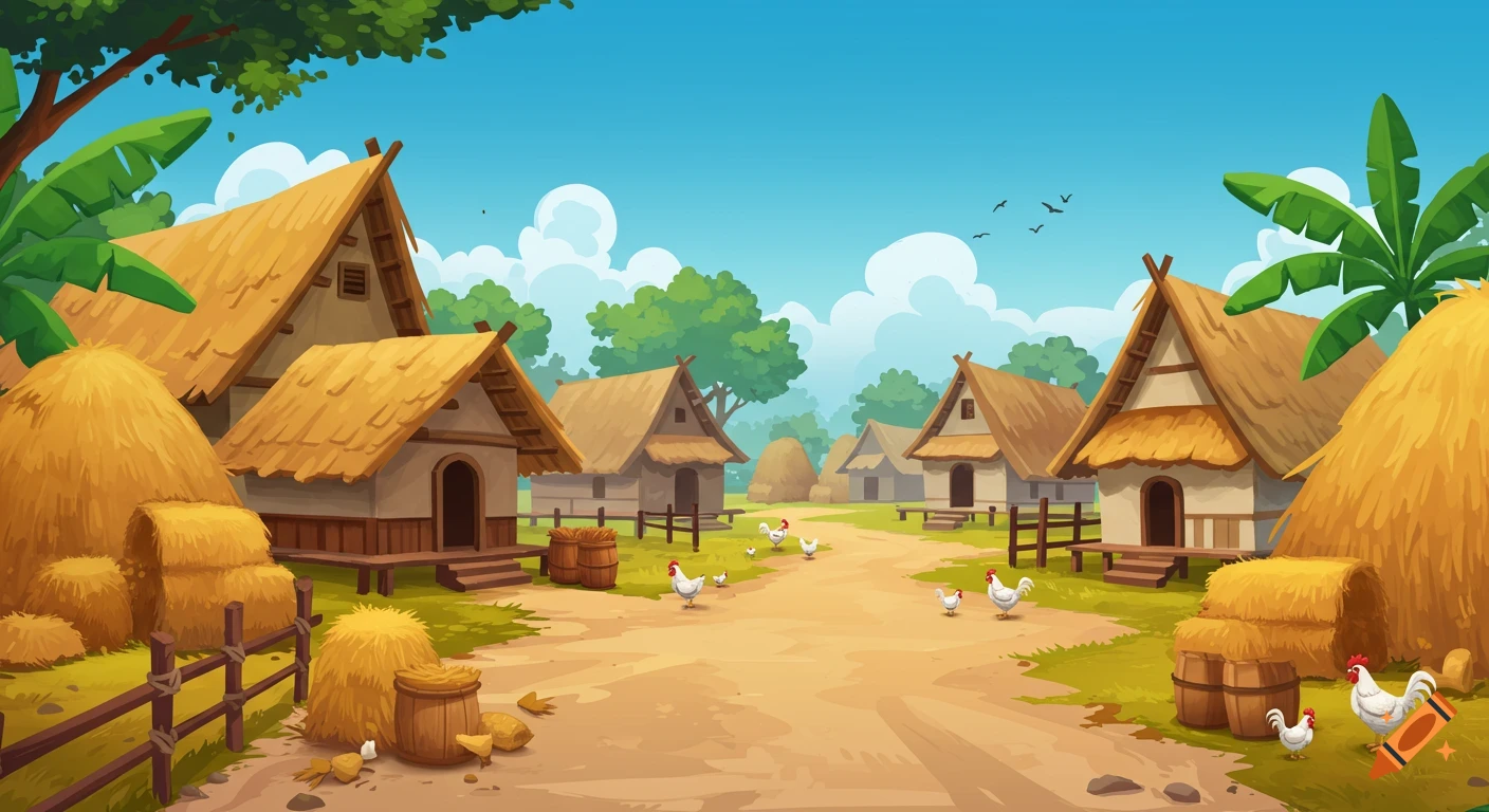 A cartoon illustration of a South Asian rural village with thatched huts, chickens, and haystacks under a blue sky.