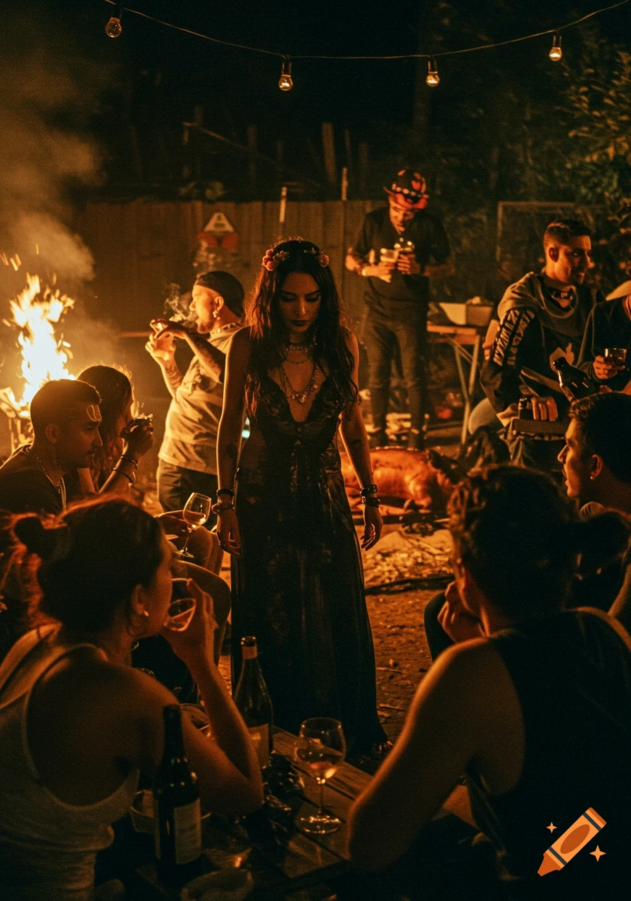 A woman in a dress stands at a nighttime outdoor party with a fire, people, and drinks.