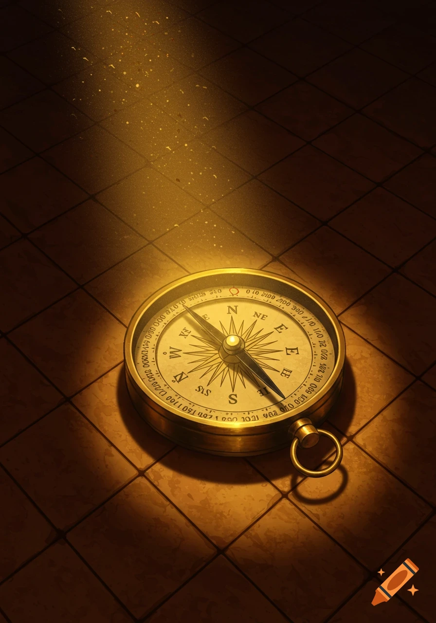 A brass compass sits on a brown tiled floor, lit by a bright spotlight from above.