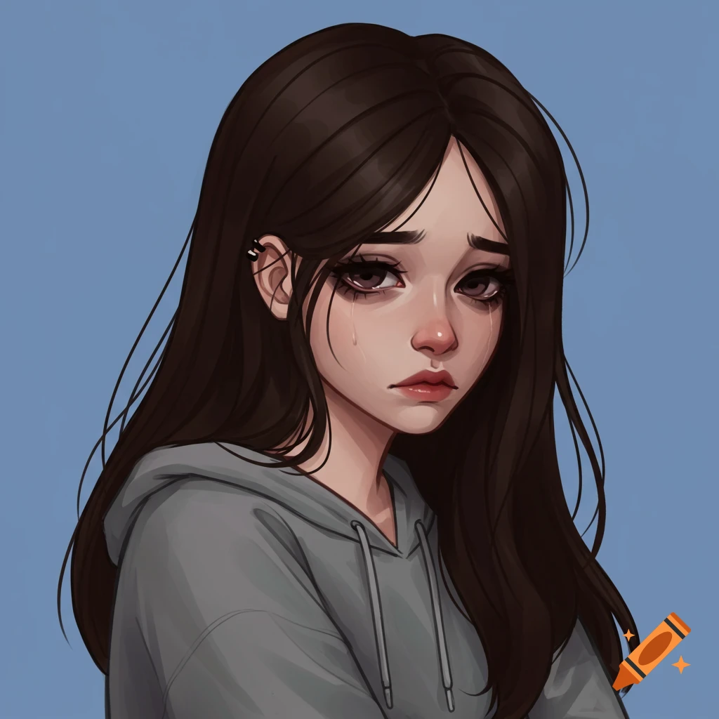 Drawn portrait of a sad girl with long dark hair wearing a gray hoodie and crying, in an anime style.
