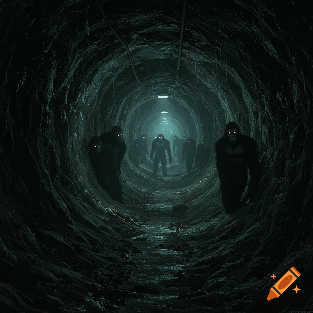 Dark figures with glowing eyes stand in a dark, wet tunnel.