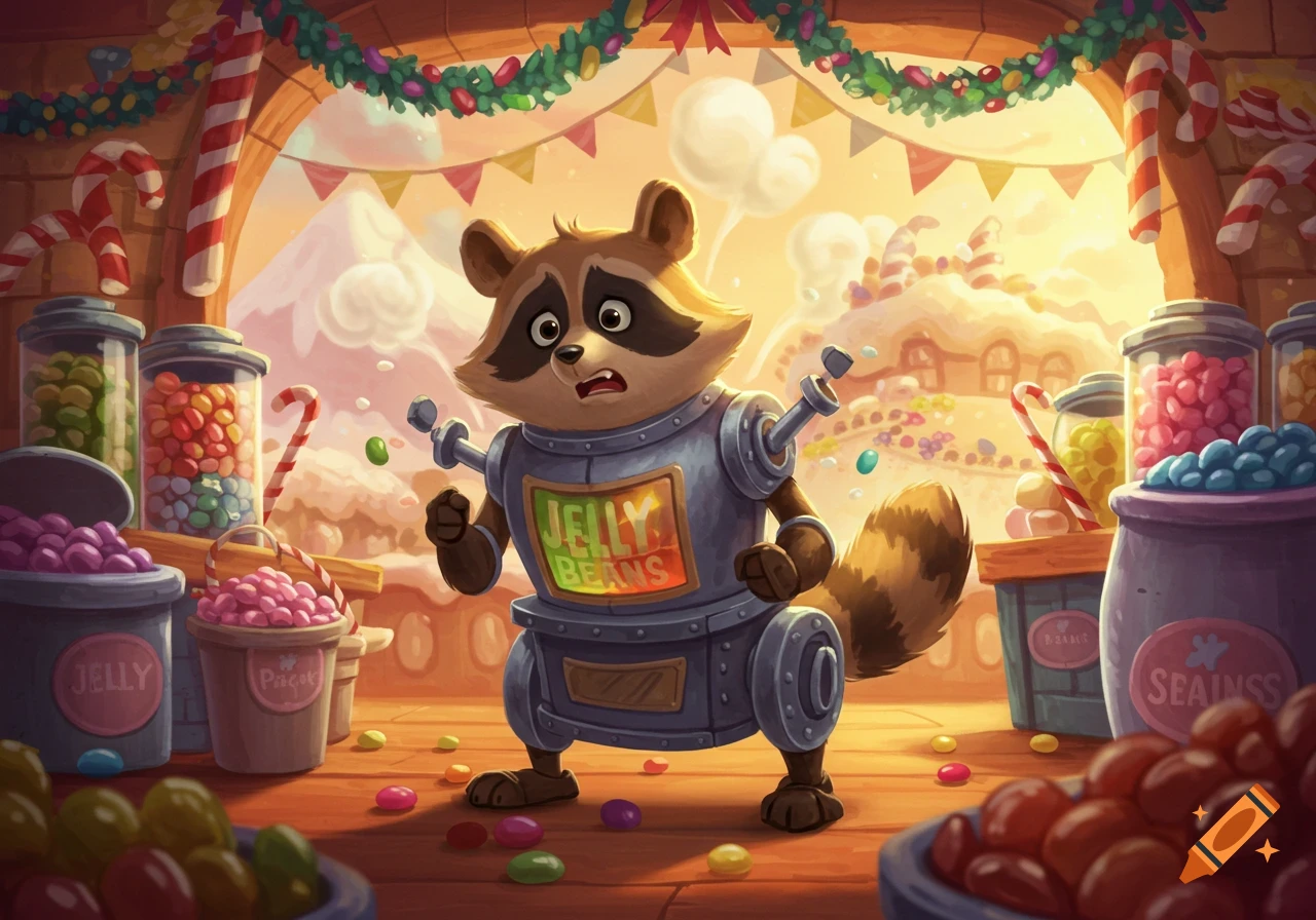 Cartoon illustration of a raccoon in a robot suit standing in a candy store surrounded by jelly beans and sweets.